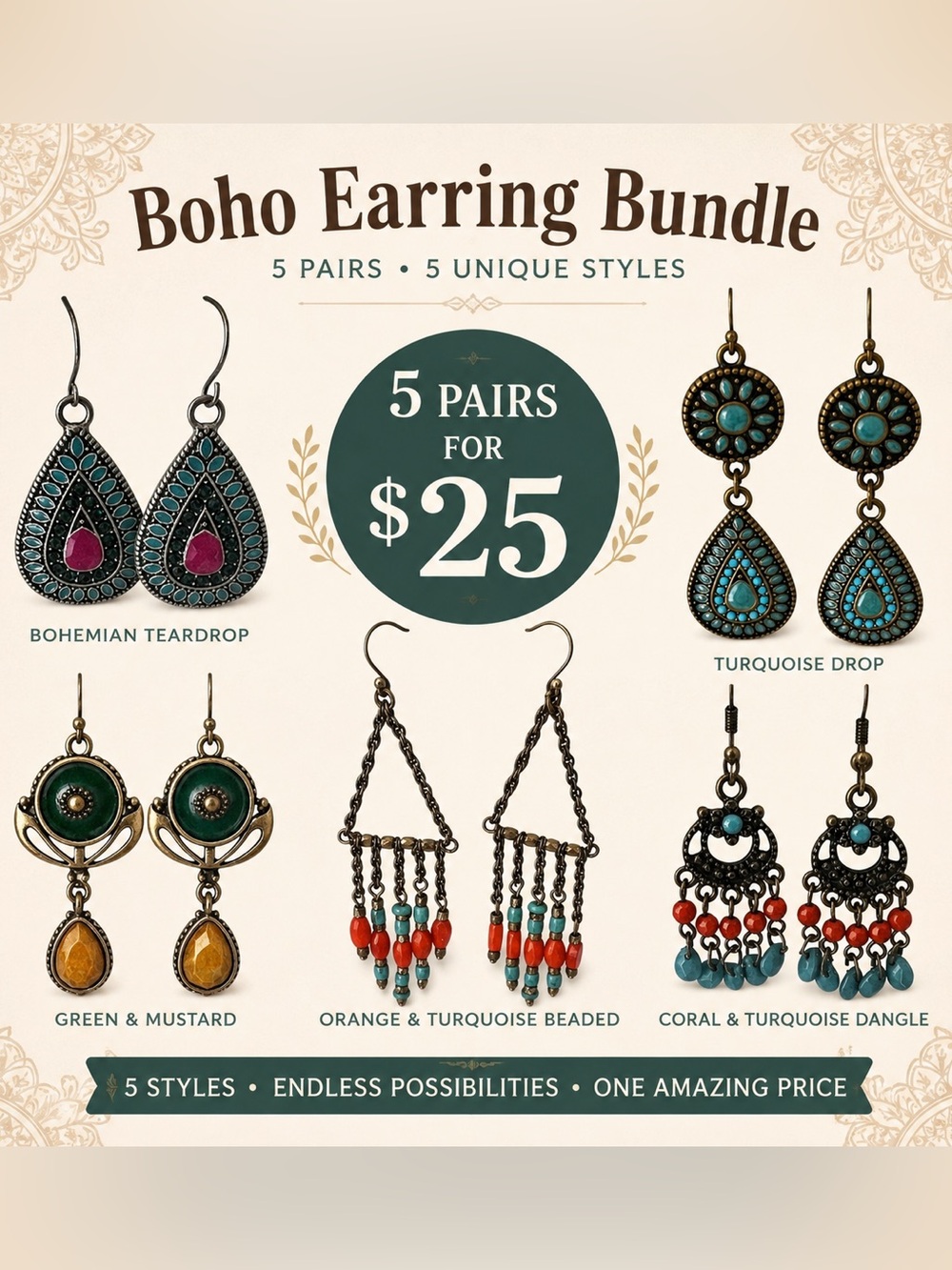 Boho Earring Bundle | 5 Pairs Statement Dangle Earrings | Y2K Jewelry Lot